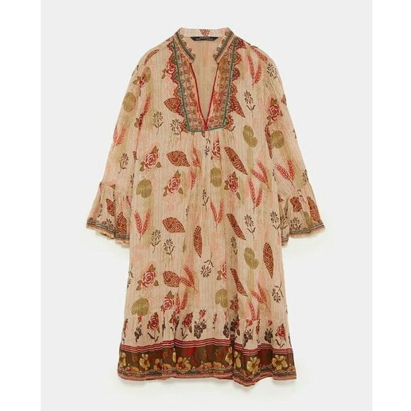 Zara Dress Tan Leaf Floral Pattern Nude Beige Bell Sleeve Embroidered Neckline M - Picture 1 of 12